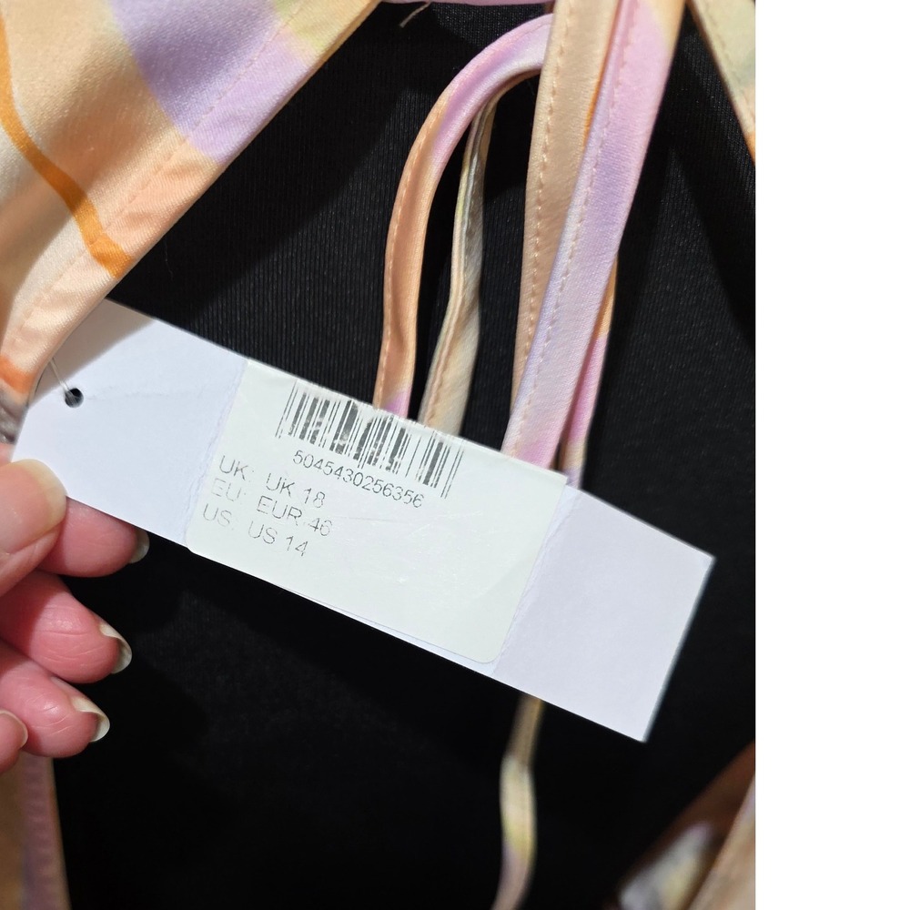 Topshop Maxi Dress Multi Color Cut Out Satin Long Sleeve Wave Print Retro Sz 14 - Picture 4 of 5